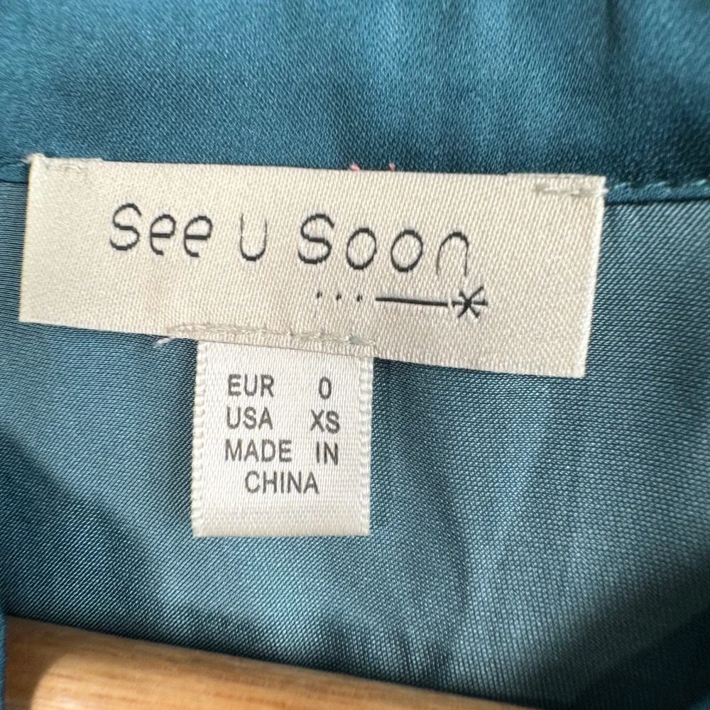 Boho Pleated Satin Blouse XS Teal Long Sleeve Yoke Top See U Soon - Picture 4 of 10